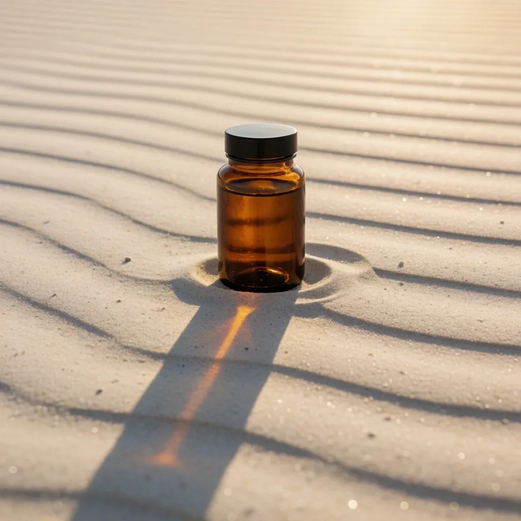 Amber glass supplement bottle with long shadows on a sand surface