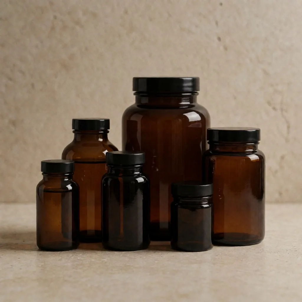Collection of supplement bottles on a stone surface