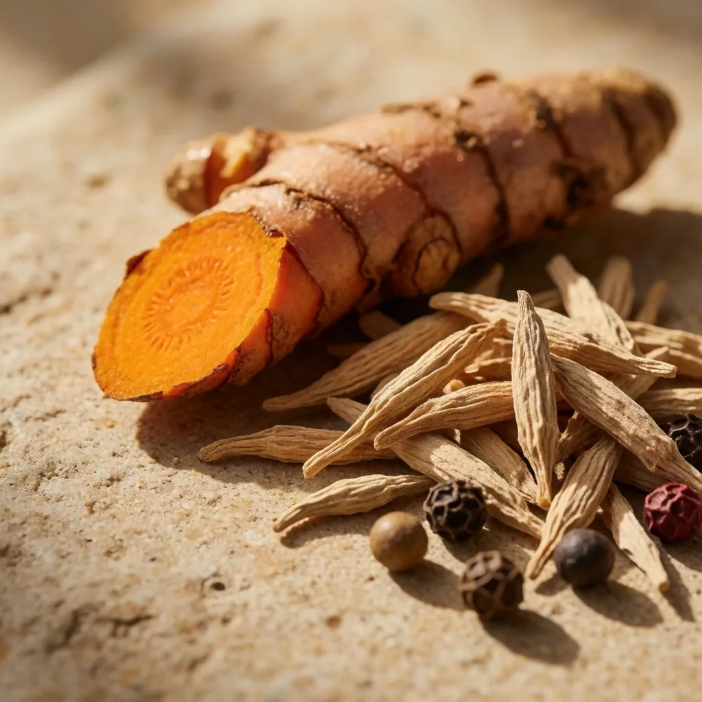 Dried botanical ingredients arranged on a sand-coloured stone surface