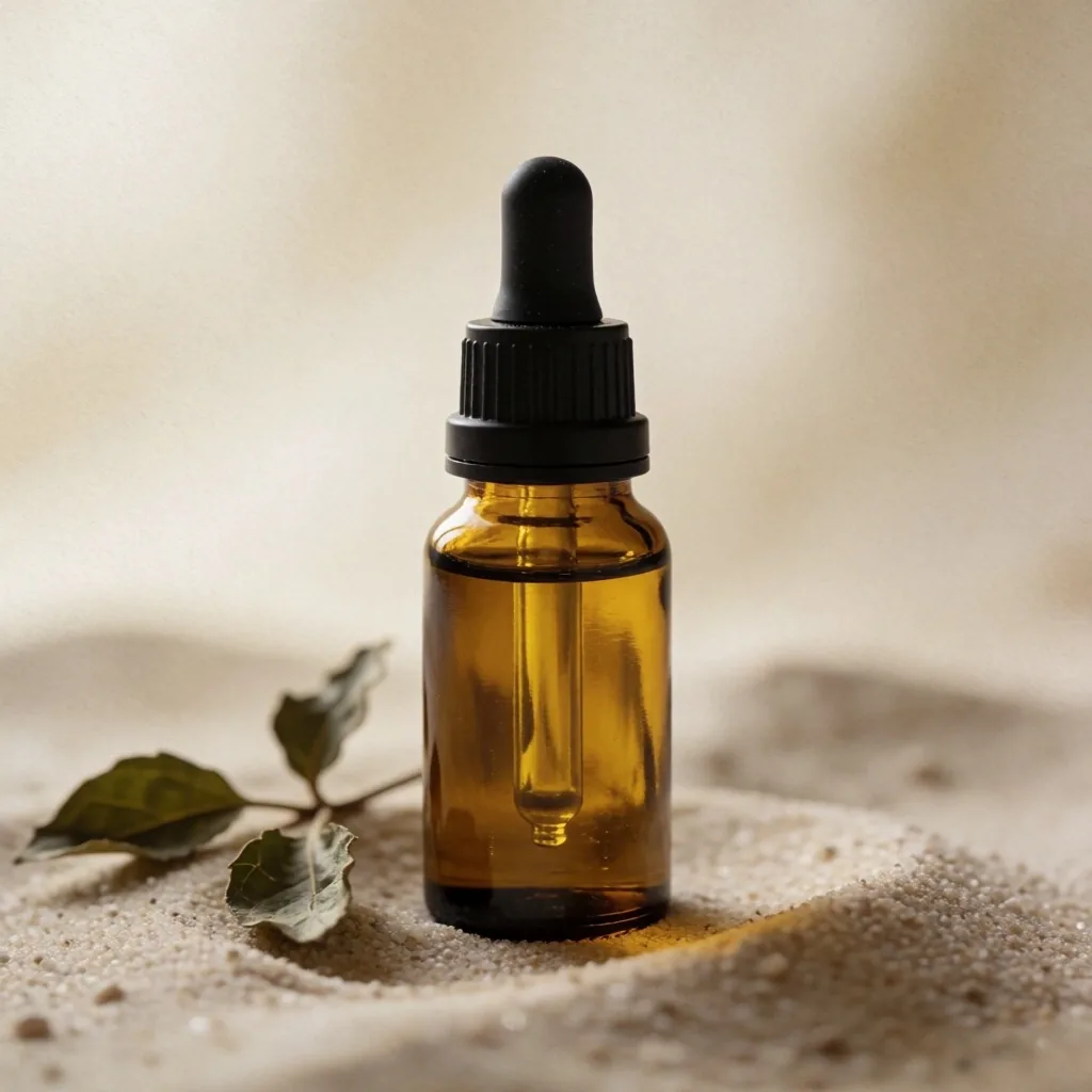 Omega oil supplement dropper bottle with botanical leaves