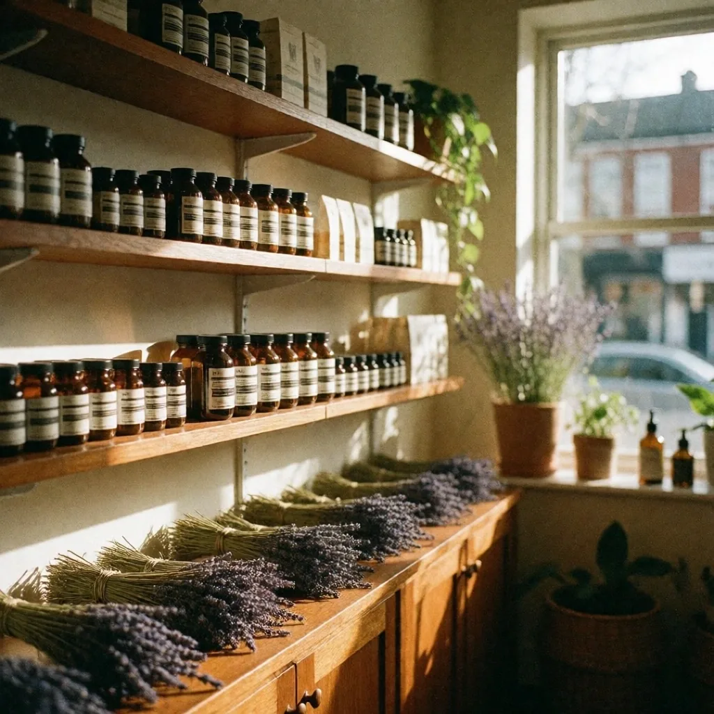 Botanical wellness shop interior with supplement shelves