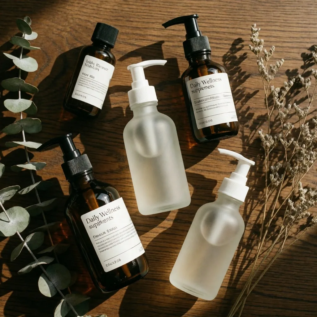 Collection of supplement bottles arranged on wooden surface