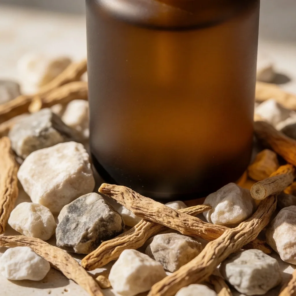 Magnesium complex supplement bottle with botanical elements