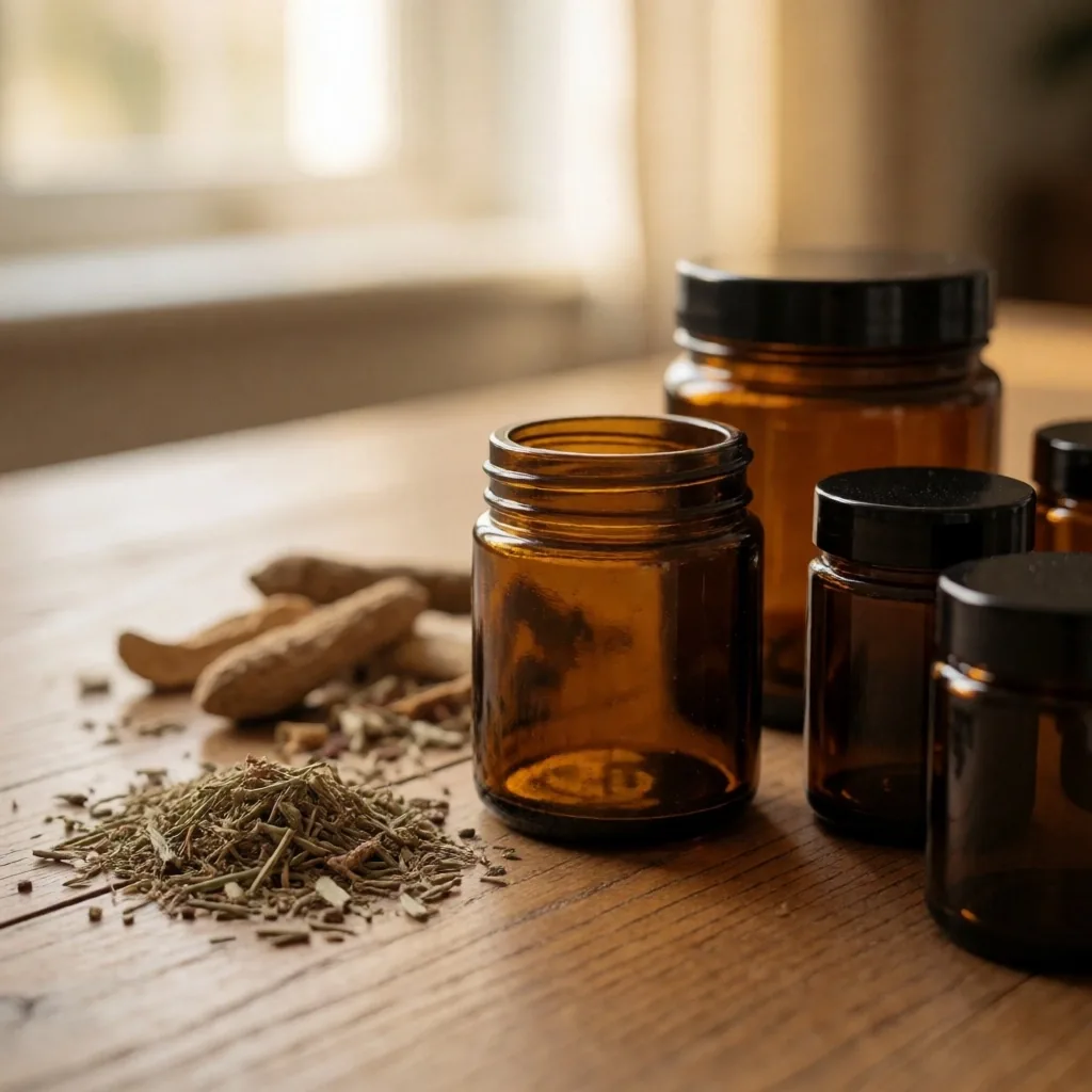 Supplement bottles arranged on warm wooden surface with botanical elements