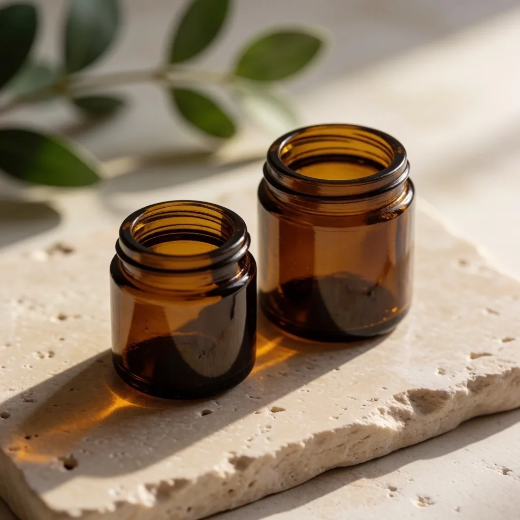 Amber supplement bottles on a warm stone surface