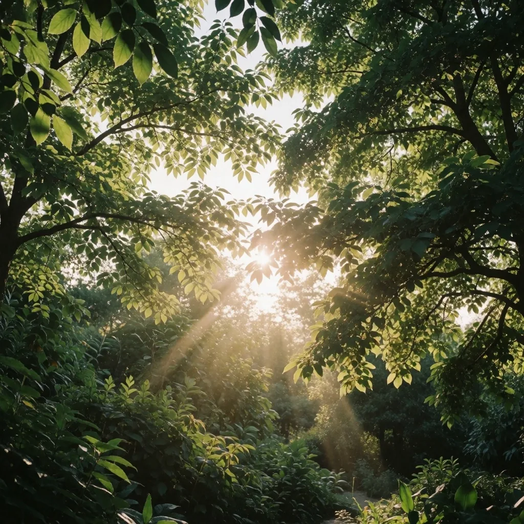 Botanical orchard canopy in warm afternoon light