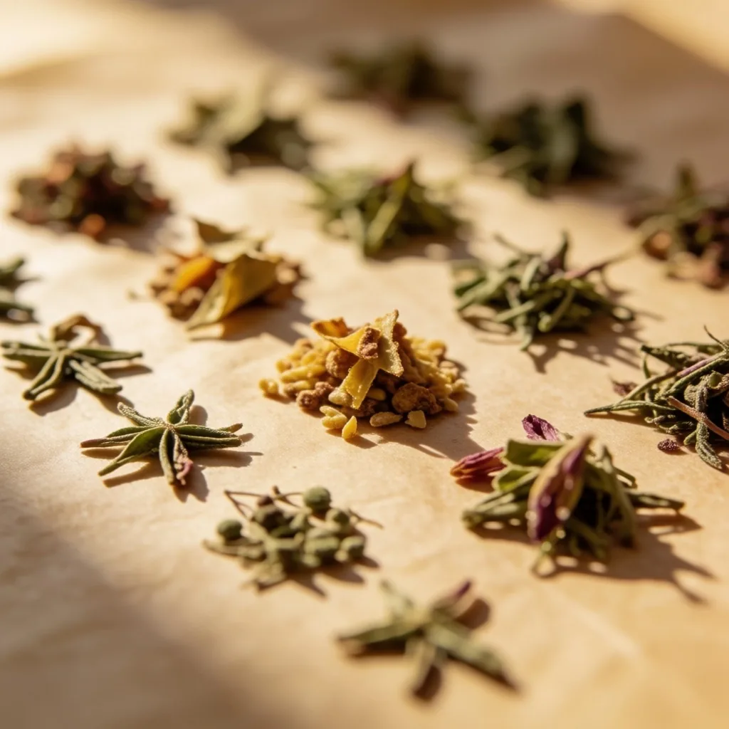 Botanical ingredients arranged on archival paper