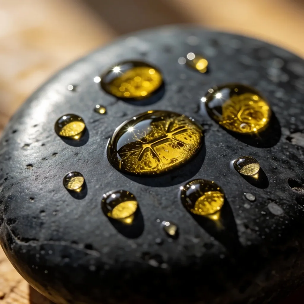 Golden vitamin oil droplets on stone