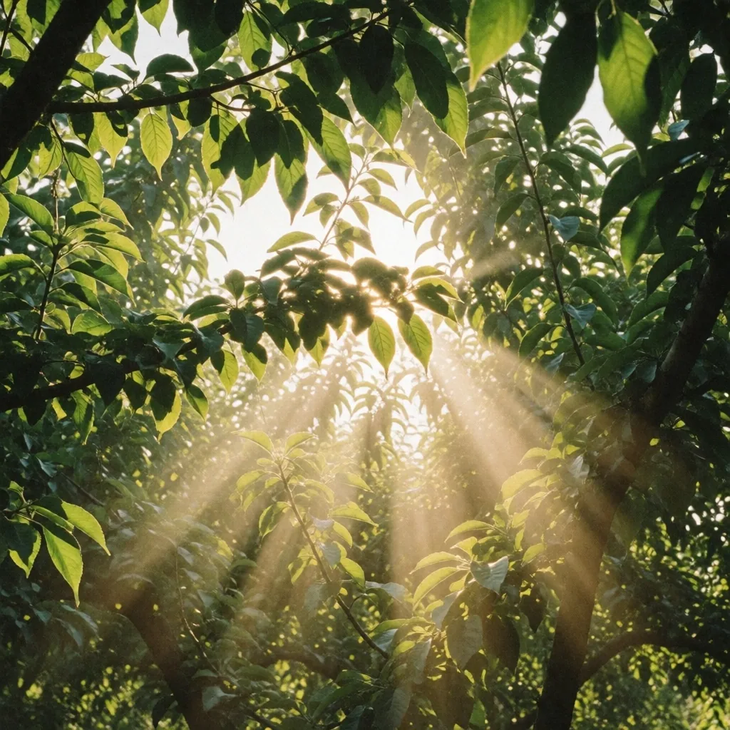 Sunlight filtering through an orchard canopy