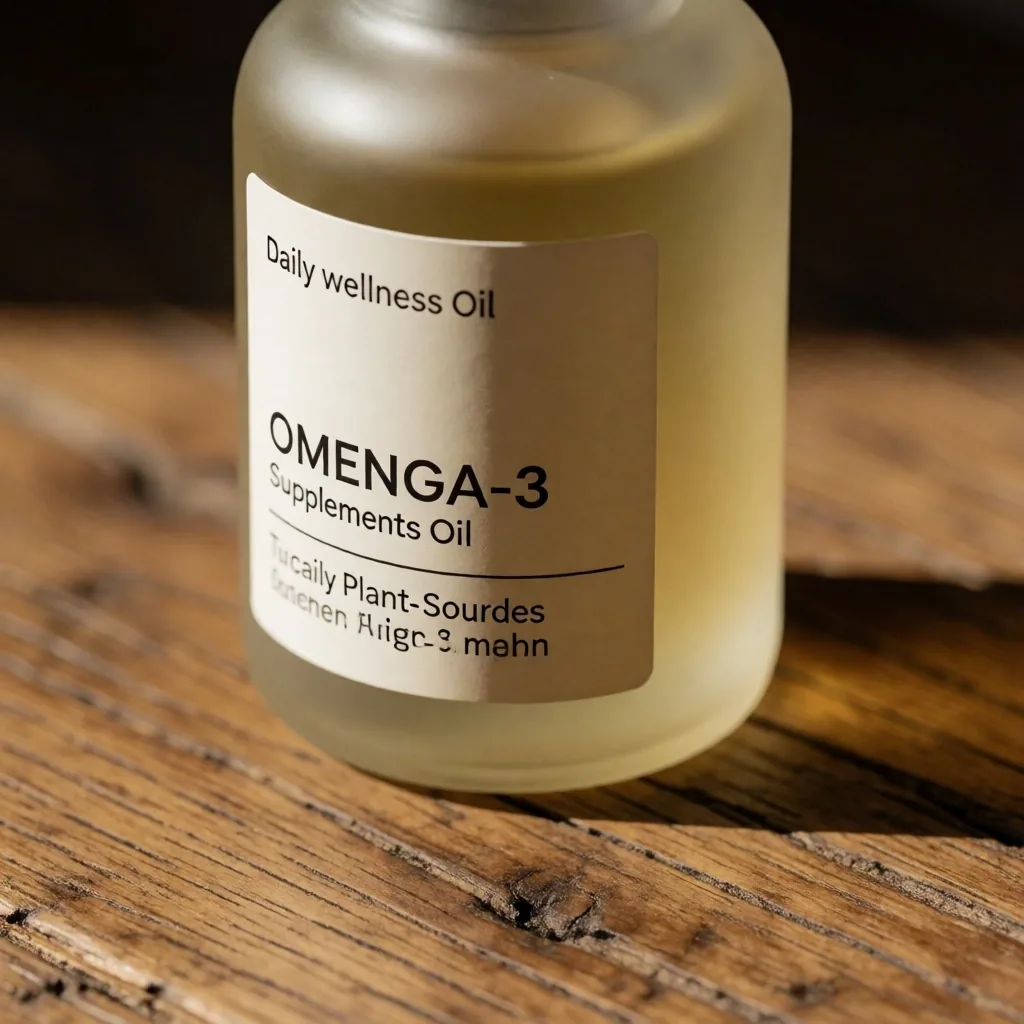 Omega-3 supplement bottle on oak surface