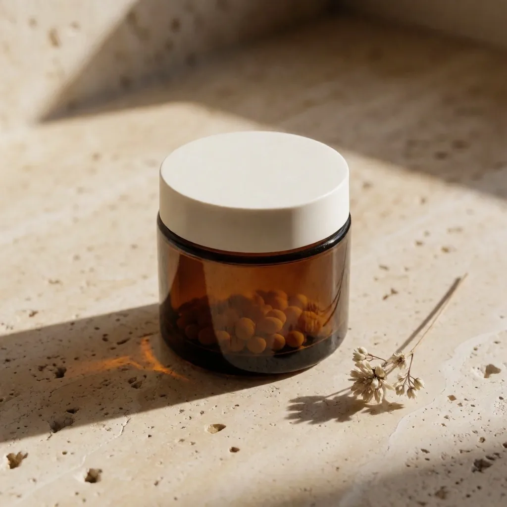 Vitamin D3 Gold supplement bottle on stone surface