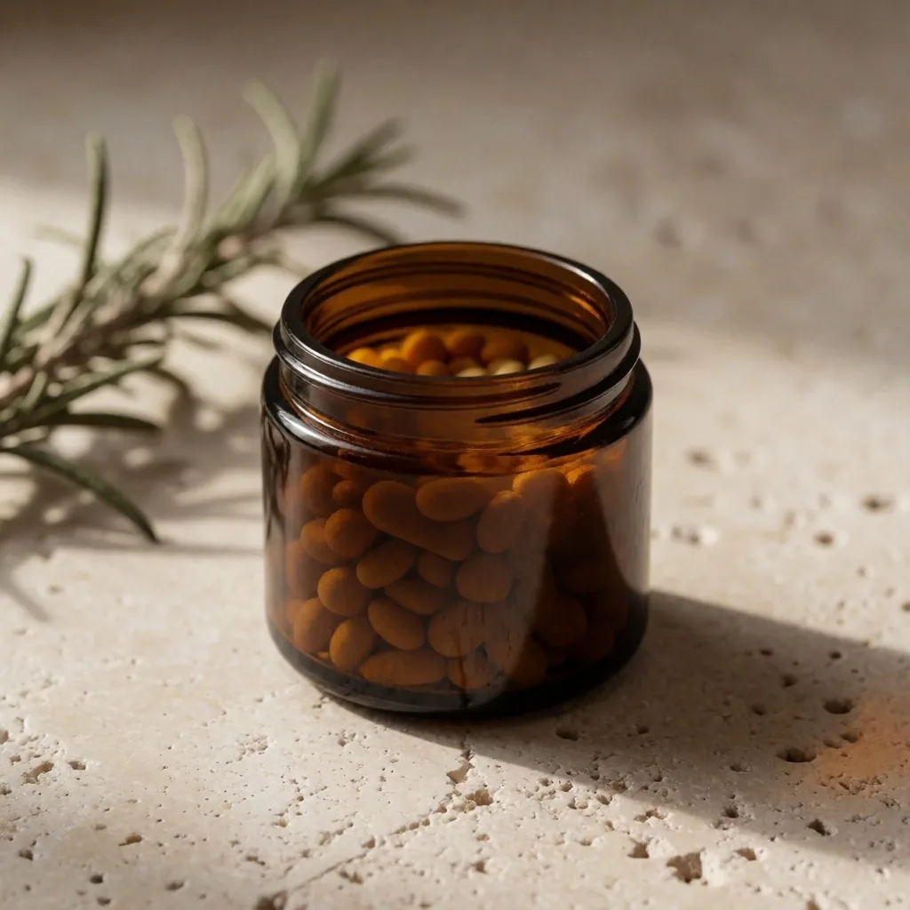 A supplement bottle on stone