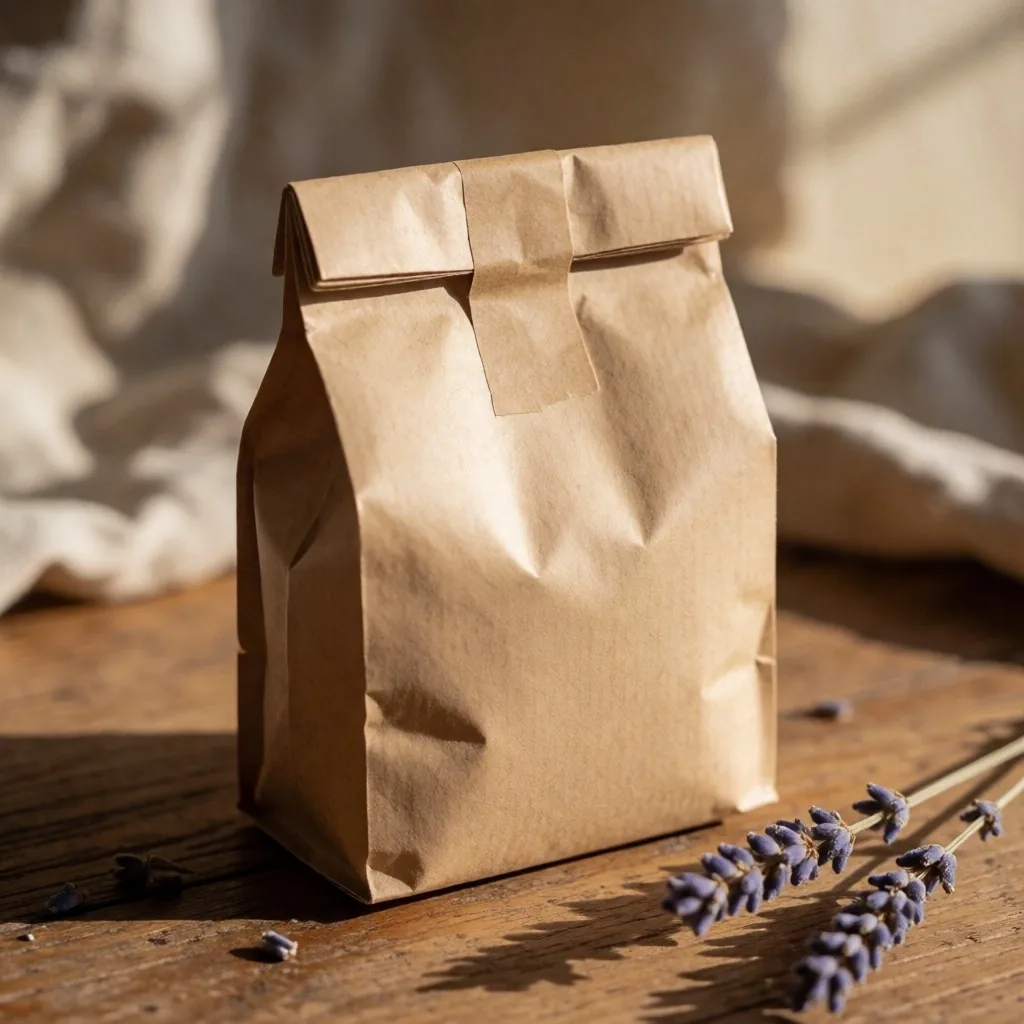 A prepared parcel on a wooden surface
