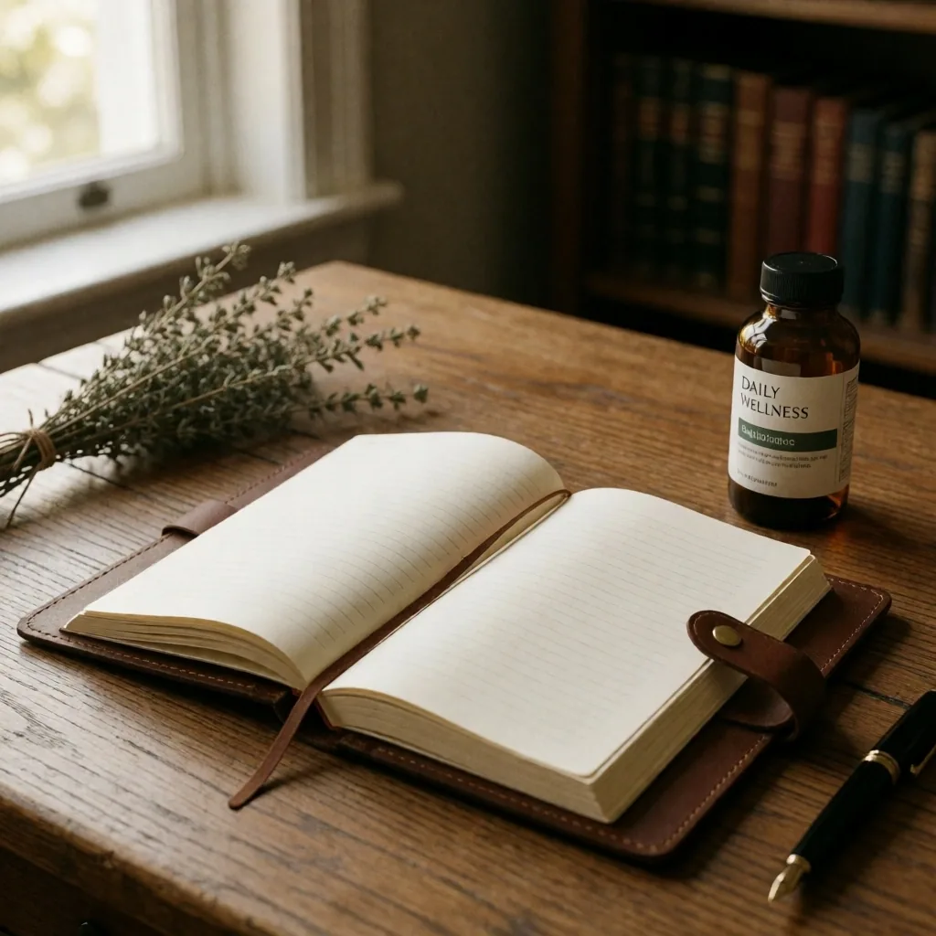 An open journal on a wooden desk