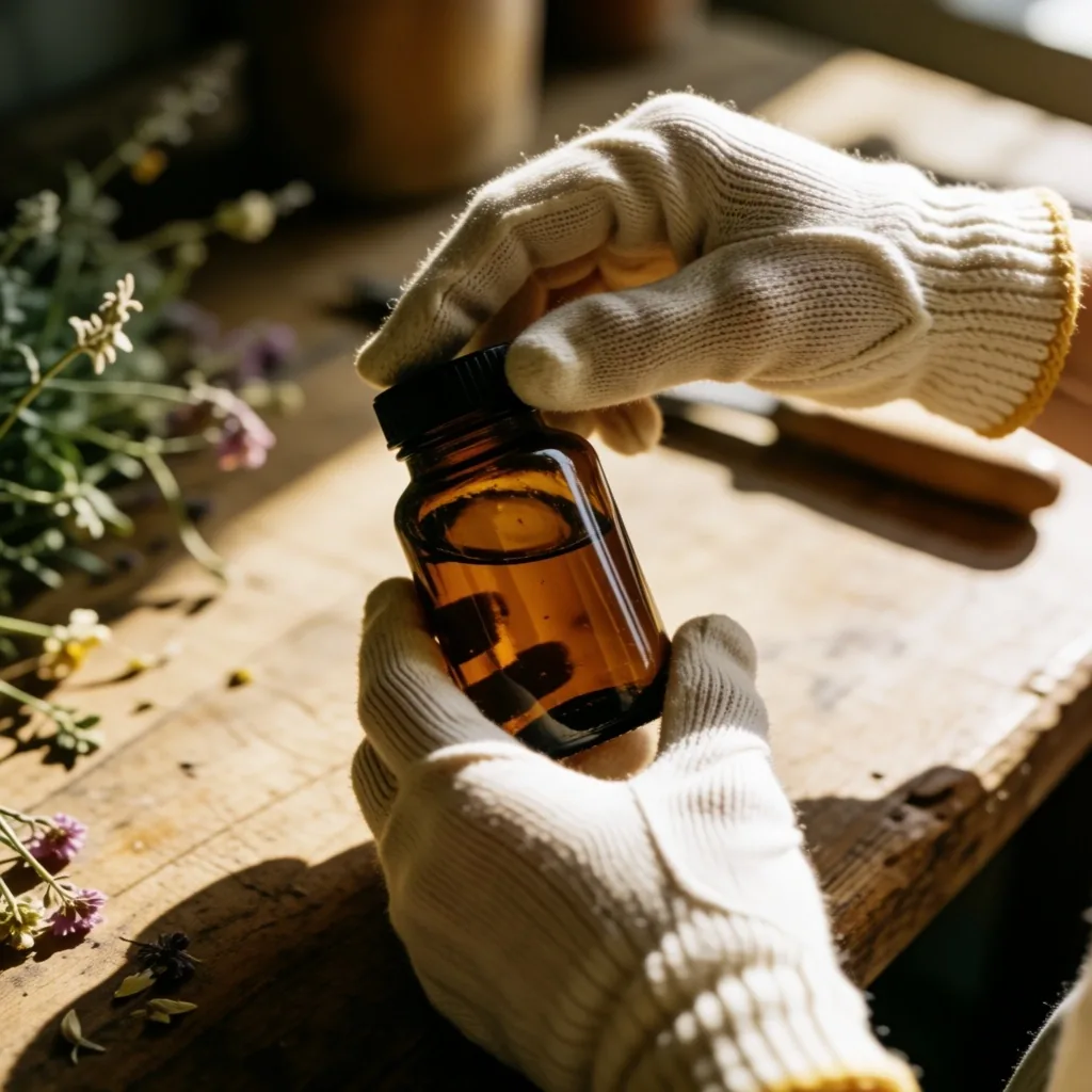 Hands inspecting a supplement bottle on a workbench