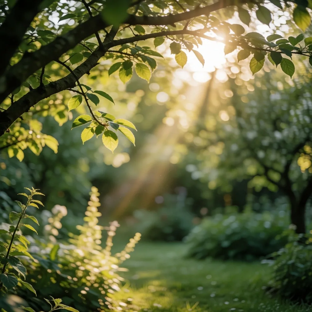 Sunlight filtering through a botanical orchard canopy