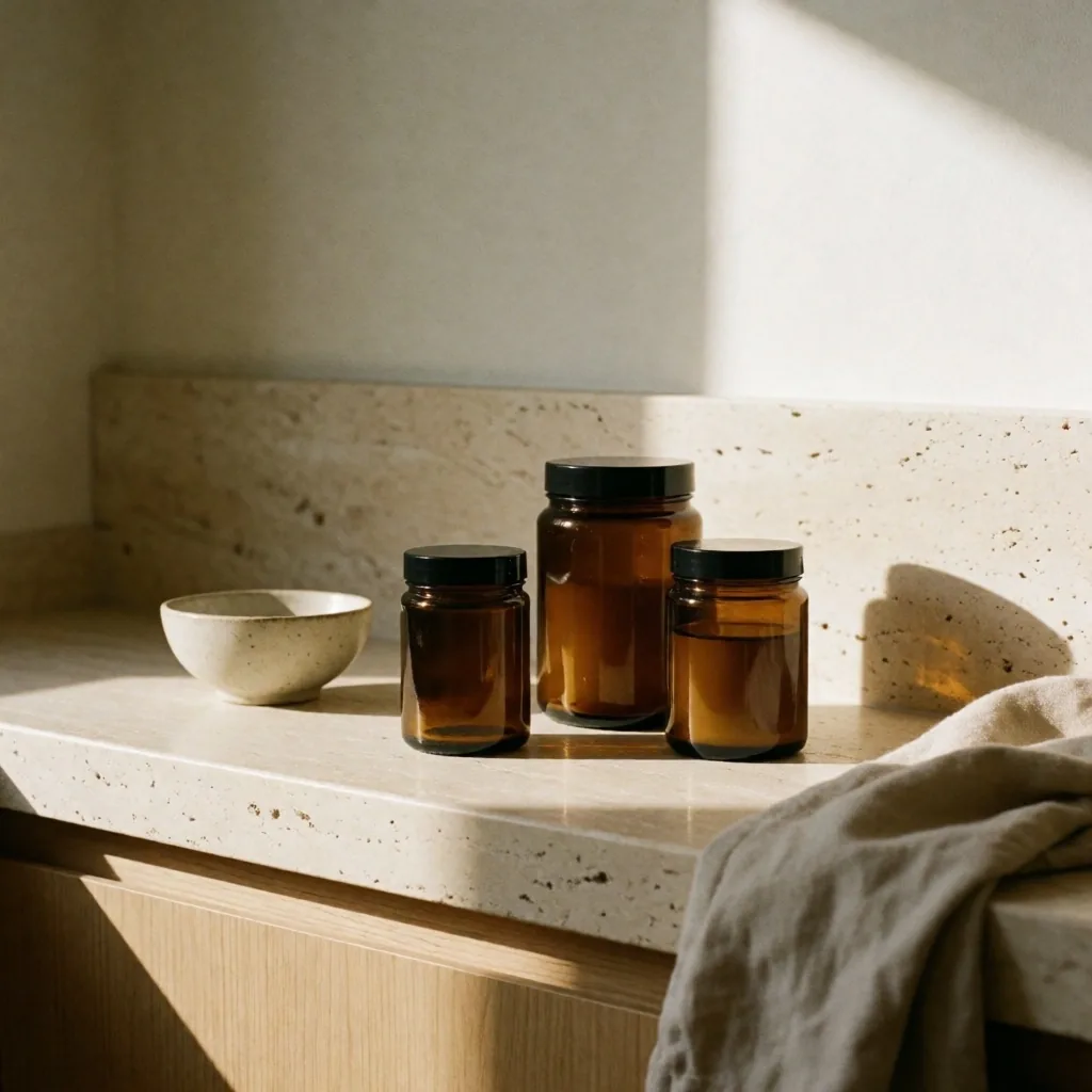 Supplement bottles arranged on a stone shelf