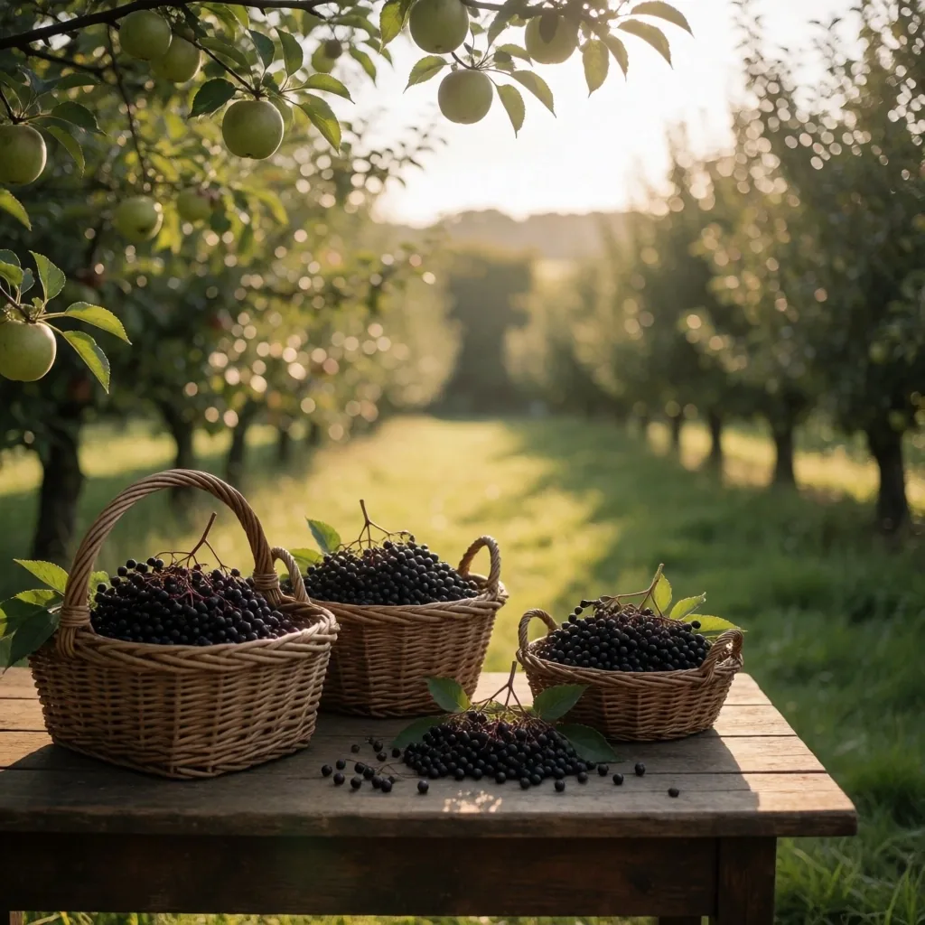Botanical harvest scene with dappled afternoon light