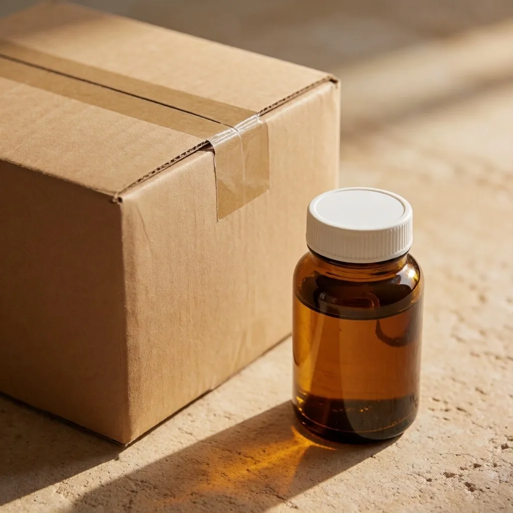 A return parcel with an unopened vitamin bottle on a stone surface