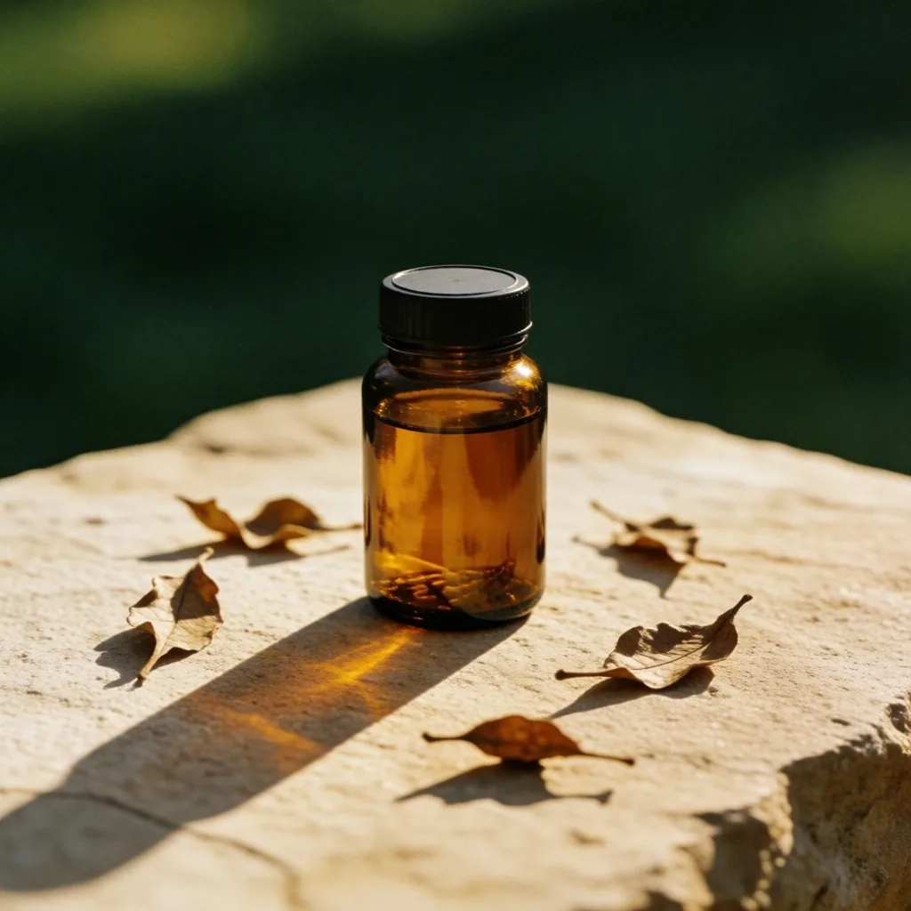 A vitamin bottle resting on sandstone with dried botanical leaves