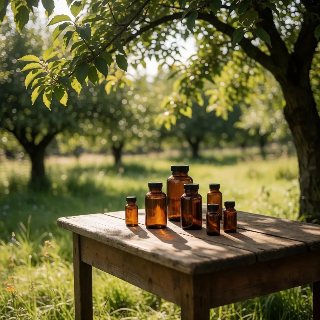 Orchard canopy light over wellness supplement bottles on wood