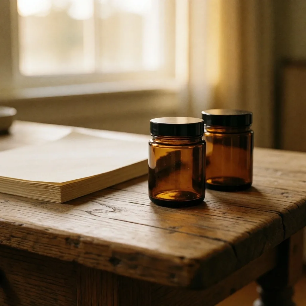 Supplement bottles on oak surface