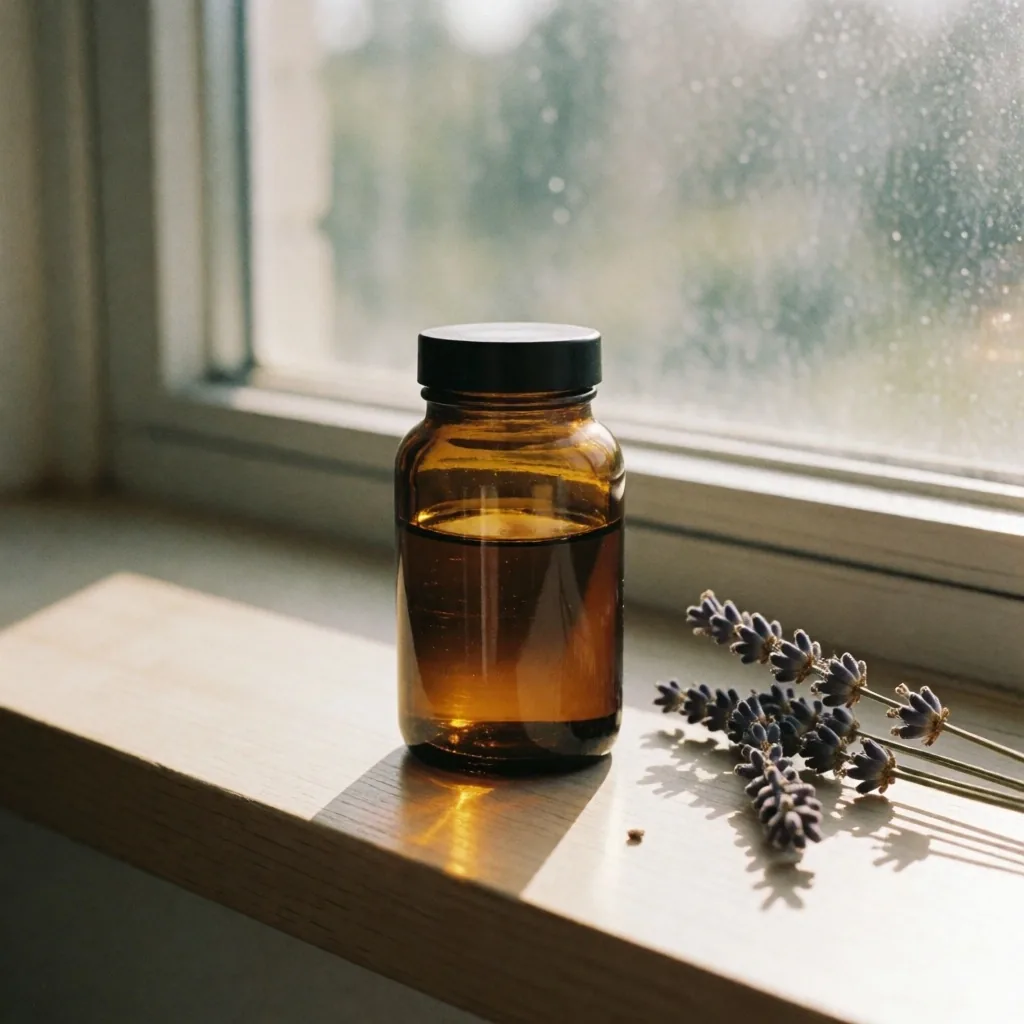 Amber bottle on windowsill in soft light