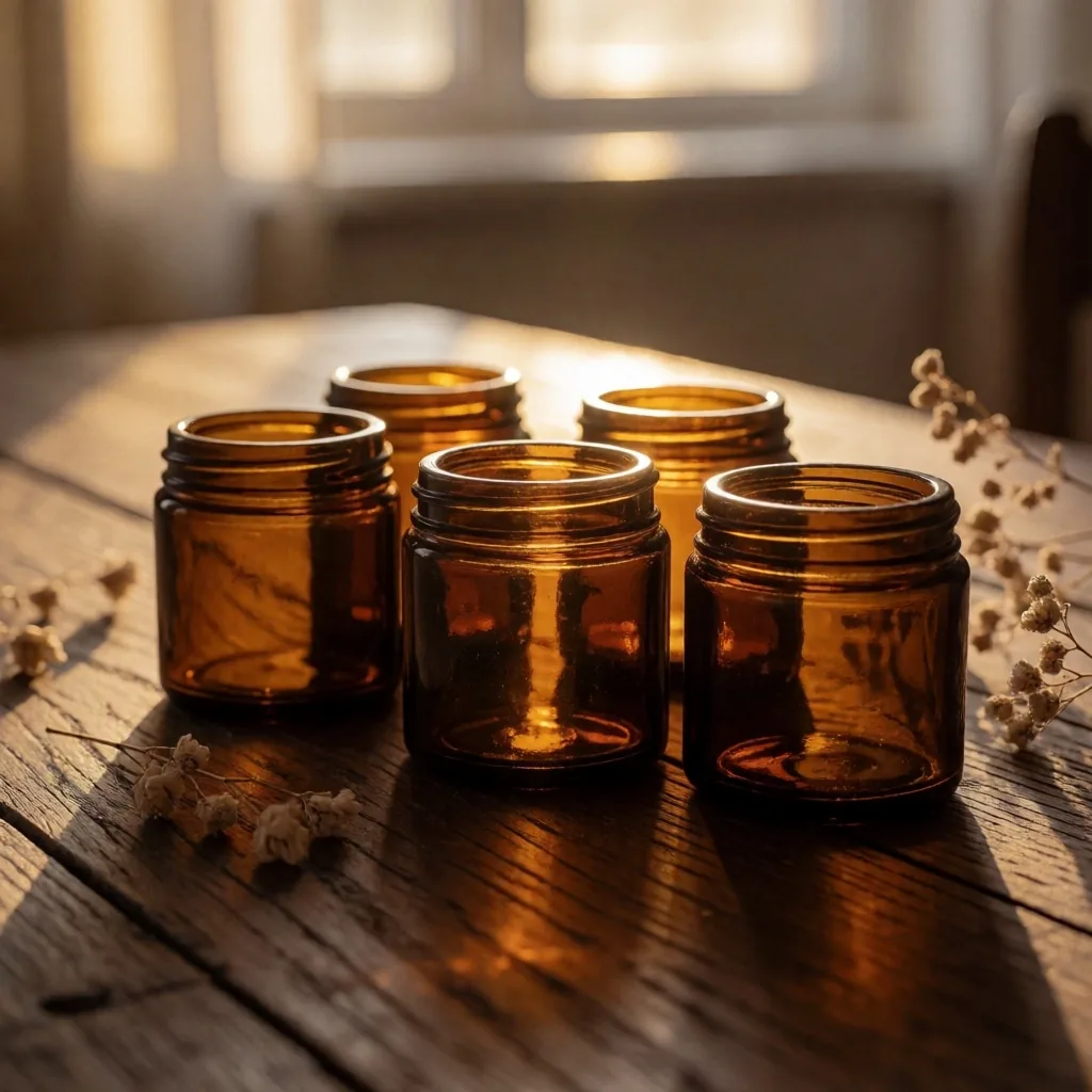Group of amber bottles on oak