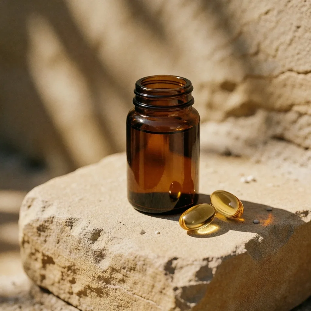 Omega-3 bottle on sandstone