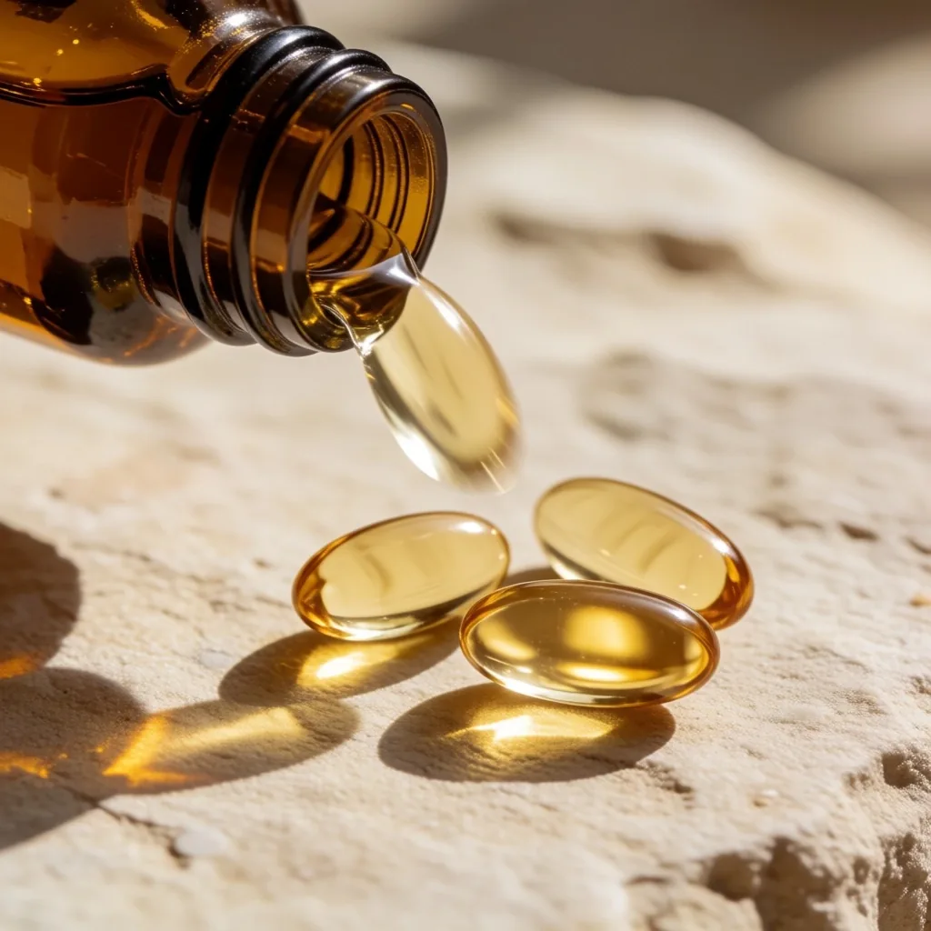 Softgels pouring from bottle onto stone