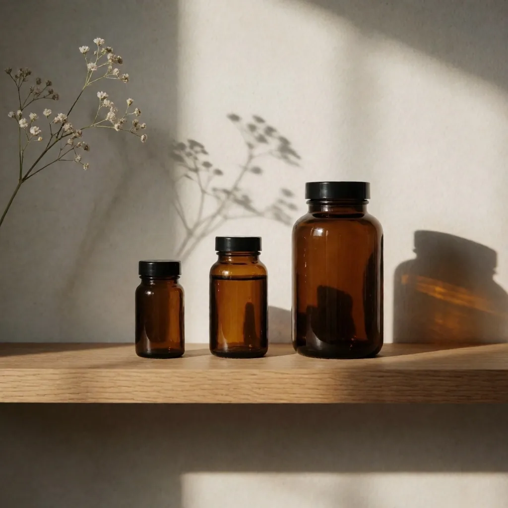 Three sizes of amber vitamin bottles on a wooden shelf