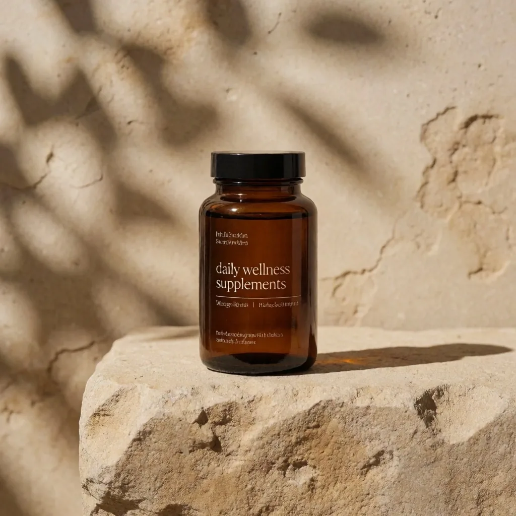 Vitamin D3 Gold amber glass bottle on sandstone in dappled light