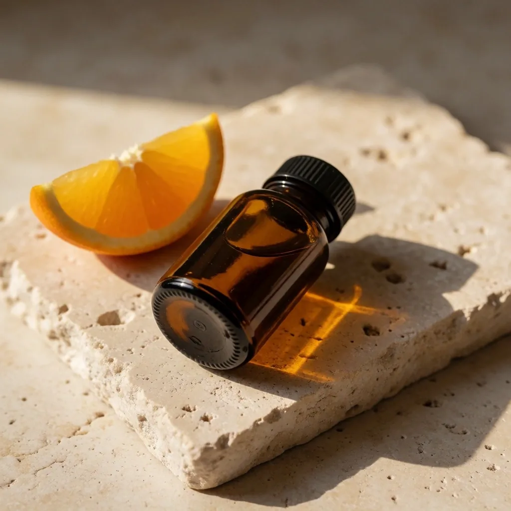 Vitamin C bottle beside citrus on stone